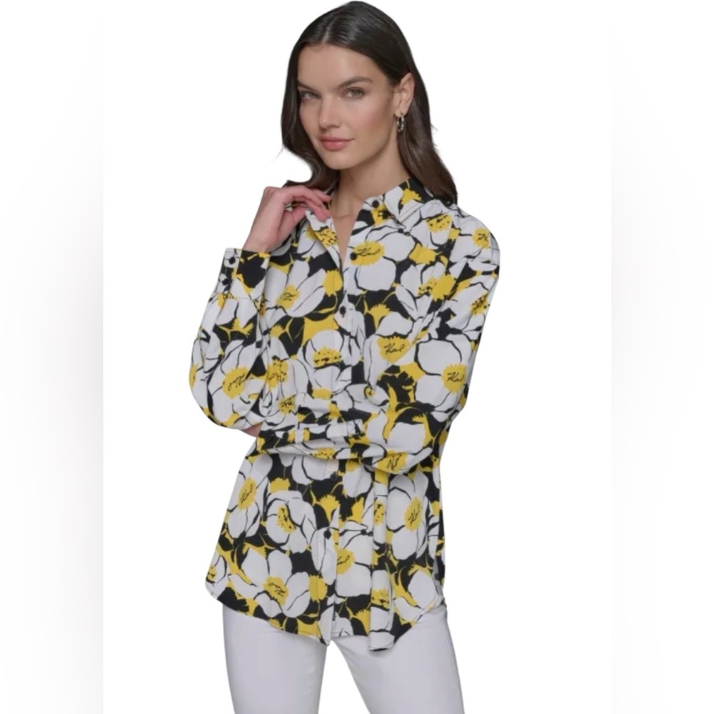 Karl Lagerfeld Black and Yellow Floral Button Down Shirt - Picture 5 of 5